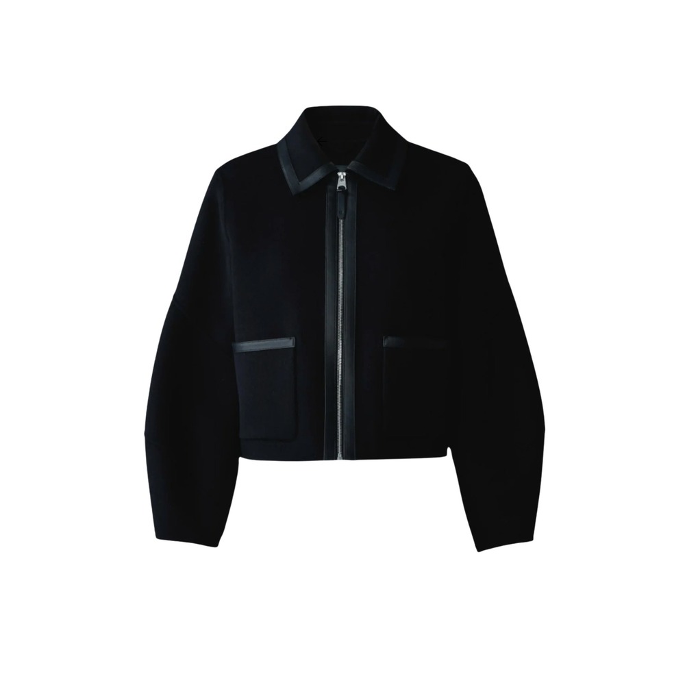 Mackage Solana Black Wool Leather Trim Cropped Lantern Slv Jacket NWOT $890 XS